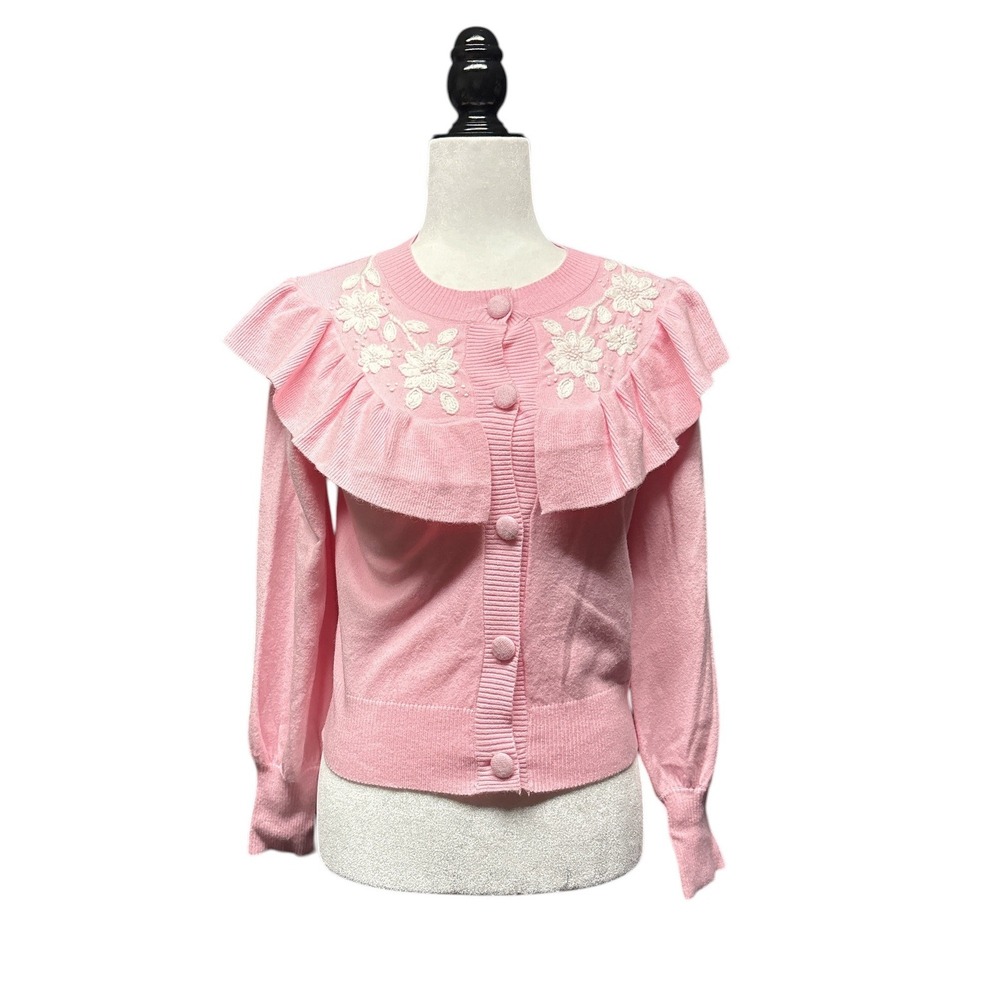 Glamorous‎ Pink Ruffle Collar Floral Embroidery Cardigan Sweater Coquette 6 NWT